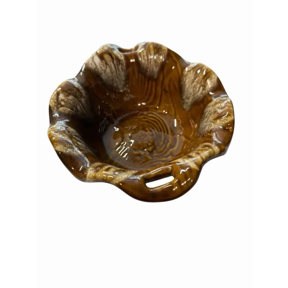 Vintage California Pottery Brown Wood Grain Serving Bowl MCM 7.5
